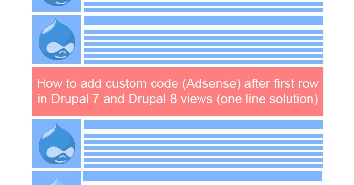 How to add custom code (Adsense) after first row in Drupal 7 and Drupal 8 views (one line solution)